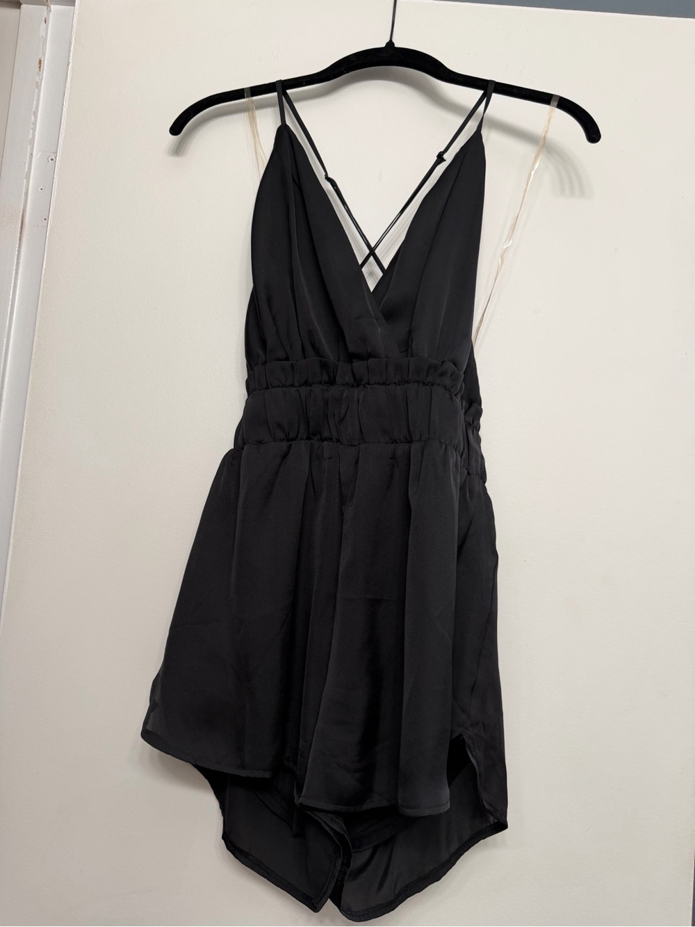 “Shinestar” Black Sleeveless Silky V-Neck Romper